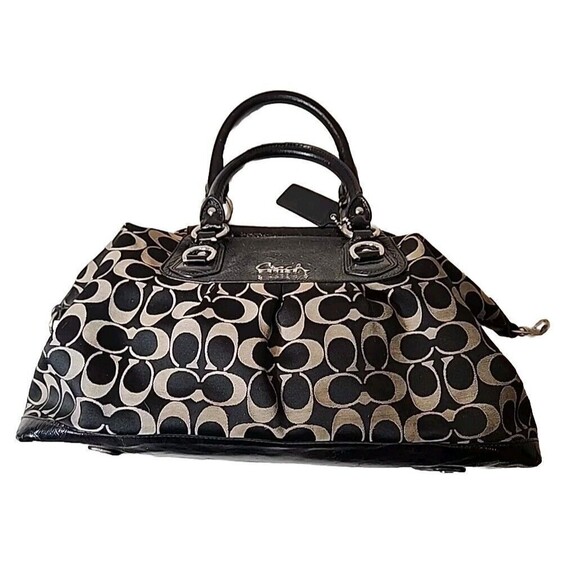 Coach Womens Bag Purse two Straps Handle Black Leather Signature Fabric 12" wide - Picture 1 of 13